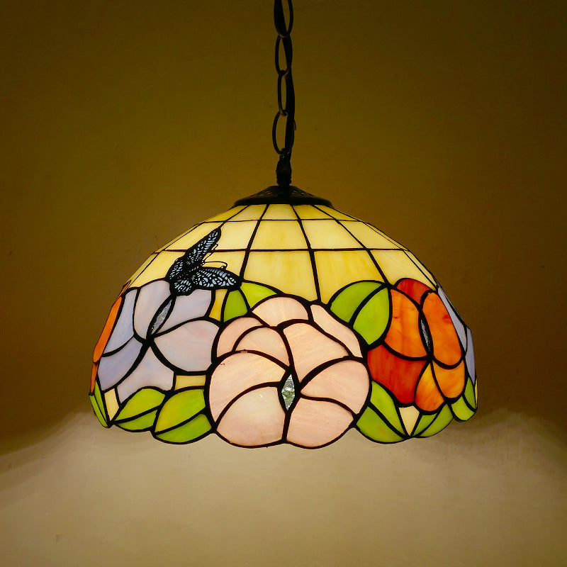 Traditional Tiffany Round Dome Iron Glass 1-Light Pendant Light For Living Room