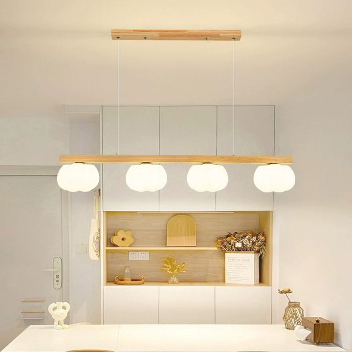 Traditioneller Inselleuchter mit 4 Leuchten aus Eisen und Kunststoff in japanischer Holzoptik mit Baumwollschirm für das Wohnzimmer 