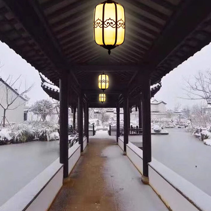 Pantalla de Linterna de Mármol de Imitación Chino Tradicional de Aluminio 1-Luz Impermeable Lámpara Colgante para Patio Exterior 