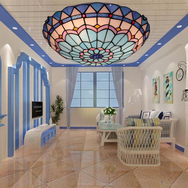 Traditionelle Tiffany Mittelmeer Runde Buntglas 3-Licht Unterputz Deckenleuchte für Wohnzimmer 