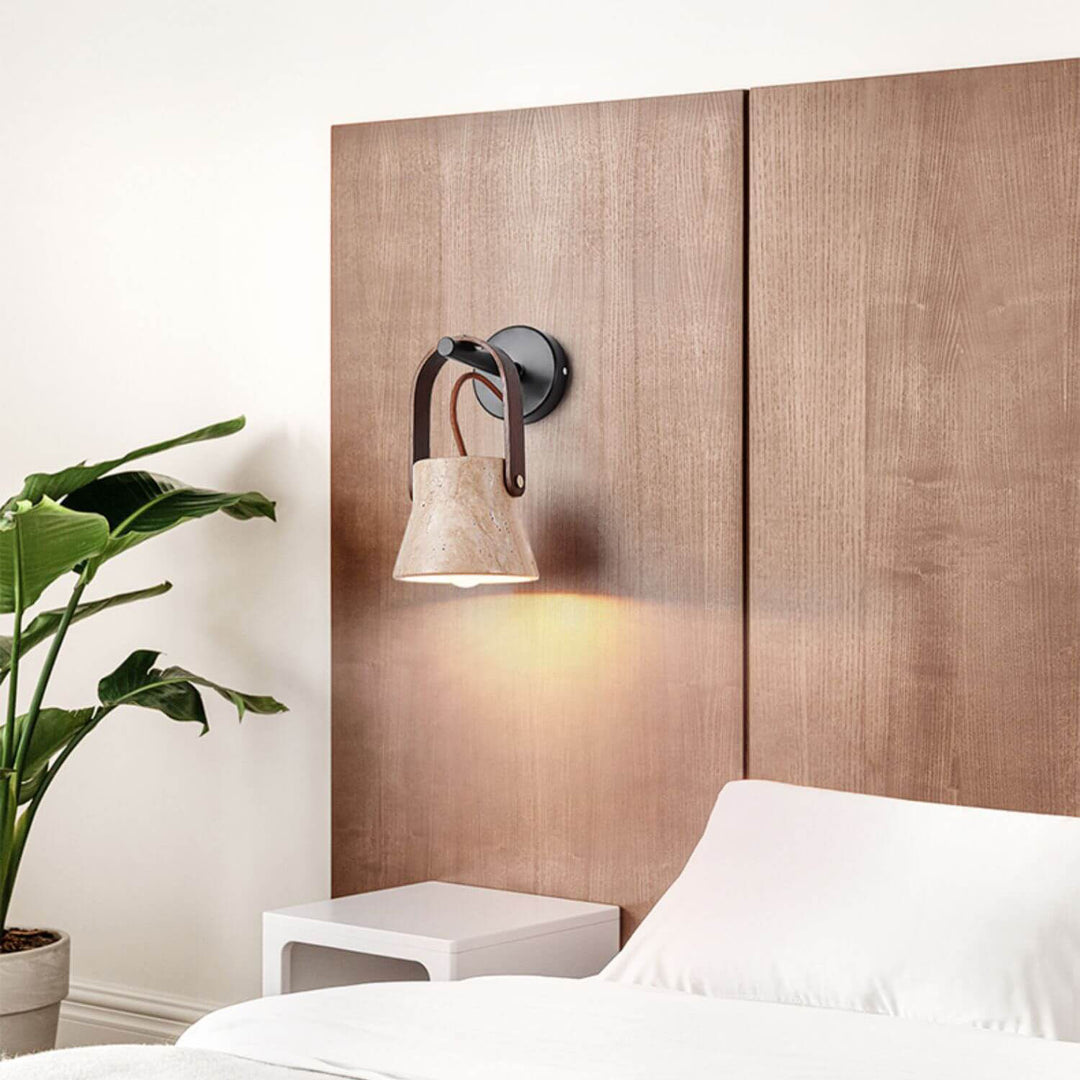 Aplique de pared de 1 luz redondo de travertino amarillo y nogal retro japonés 