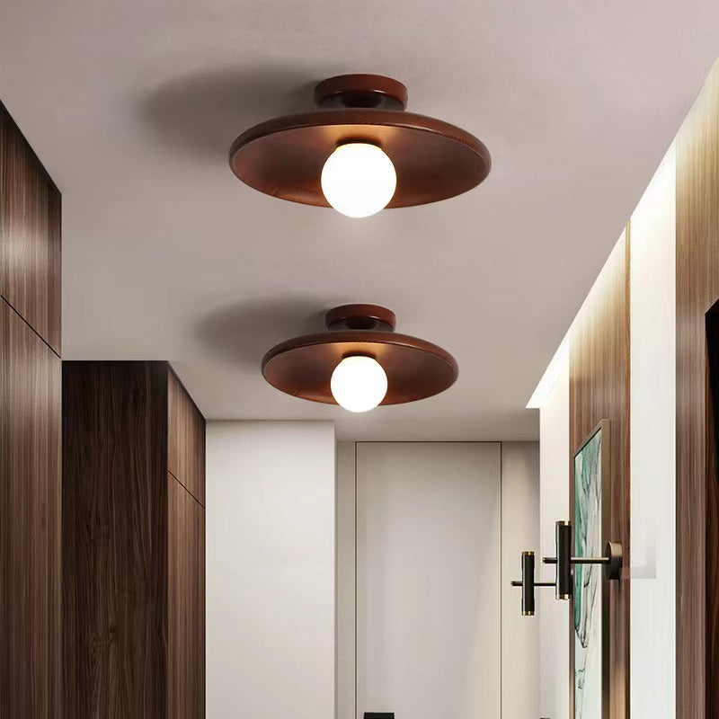 Modern Simplicity Rubberwood Glass Round 1-Light Semi-Flush Mount Ceiling Light For Hallway