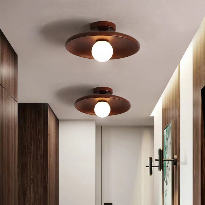Modern Simplicity Rubberwood Glass Round 1-Light Semi-Flush Mount Ceiling Light For Hallway