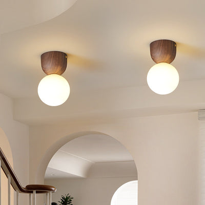 Contemporary Scandinavian Walnut Copper Glass Ball 1-Light Semi-Flush Mount Ceiling Light For Hallway
