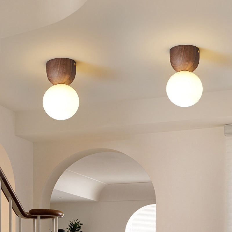 Contemporary Scandinavian Walnut Copper Glass Ball 1-Light Semi-Flush Mount Ceiling Light For Hallway