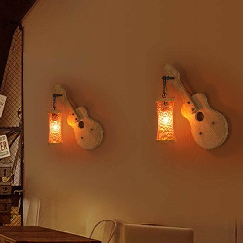 Contemporary Creative Wooden Violin Cylinder Shade 1-Light Wall Sconce Lamp For Dining Room