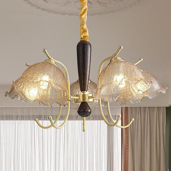 Traditioneller Vintage-Kronleuchter mit Blumenmuster aus Kupfer und Holz, Glas, 3/5 Lichter, für Wohnzimmer 