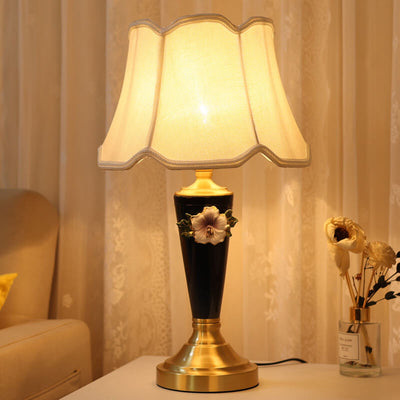 Vintage European Ceramic Floral Pleated Fabric 1-Light Table Lamp