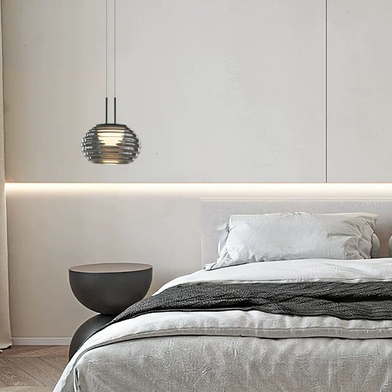 Moderne minimalistische gestreifte runde Aluminiumglas-LED-Pendelleuchte für Wohnzimmer 