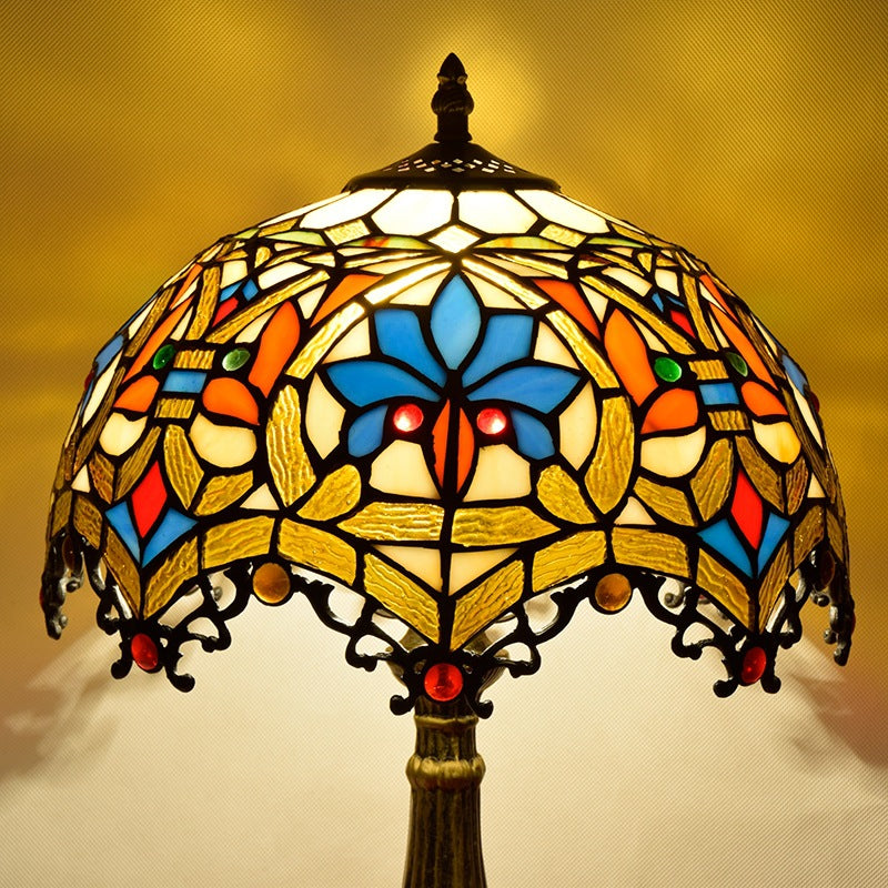 Traditional Vintage Flower Gemstone Stained Glass 1-Light Table Lamp For Living Room