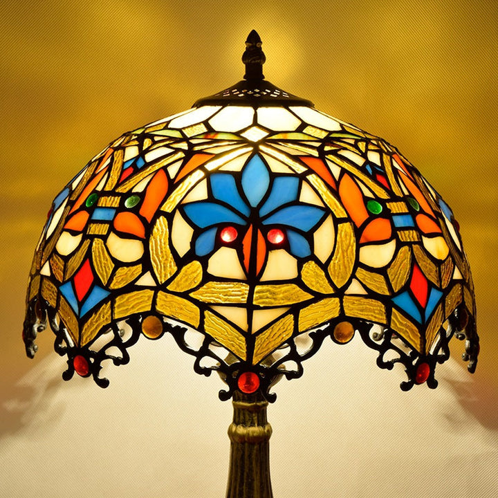Traditional Vintage Flower Gemstone Stained Glass 1-Light Table Lamp For Living Room