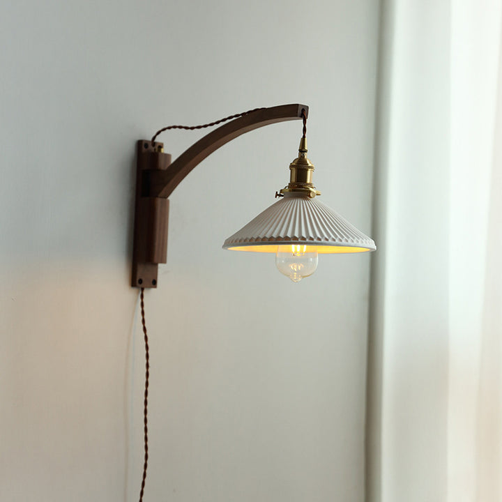 Traditional Japanese Walnut Glass Ceramic Conic Prism 1-Light Wall Sconce Lamp For Bedside