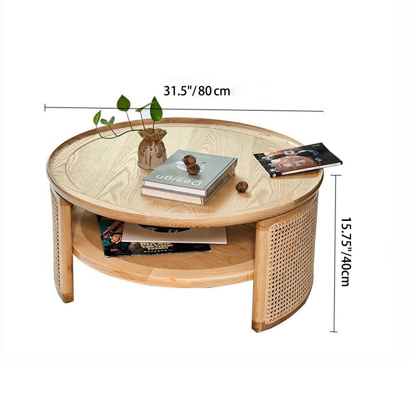 Traditioneller runder Couchtisch im japanischen Stil aus Eschenholz, Rattan und Sperrholz mit 2 Ebenen für das Wohnzimmer 