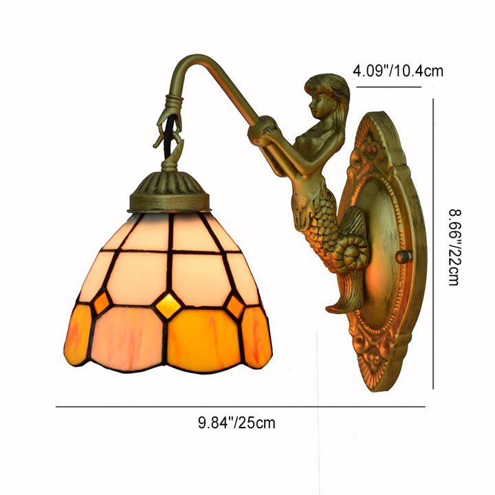 Traditionelle 1-flammige Tiffany-Wandleuchte aus Kunstharz, Eisen und Glas im Meerjungfrauen-Design für das Wohnzimmer 