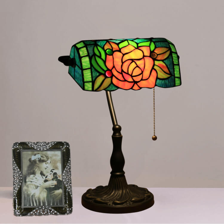 Traditional Tiffany Blooming Flowers Stained Glass 1-Light Bank Table Lamp for Living Room