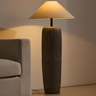 Japanese Wabi-sabi Fabric Shade Ceramic Column Base 1-Light Standing Floor Lamp