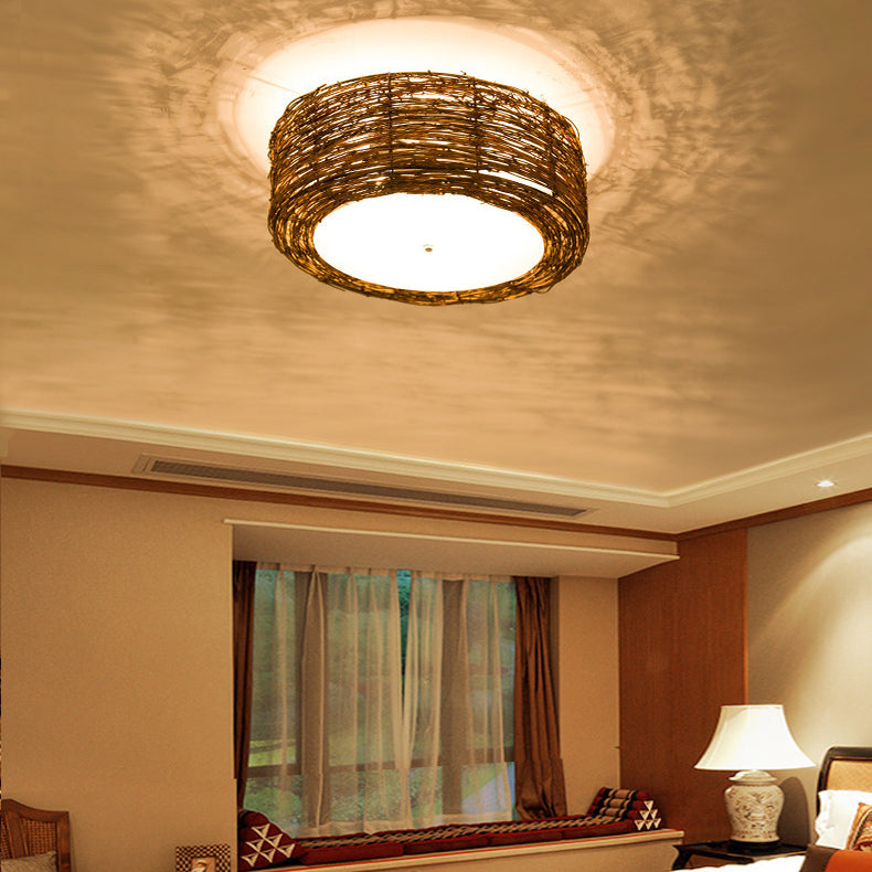 Lustre de plafond à montage affleurant avec tissage en rotin rustique traditionnel à 1 lumière pour salon 