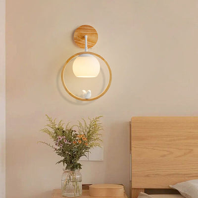 Japanese Harajuku Solid Wood Circle Ring Bird Decor 1-Light Wall Sconce Lamp