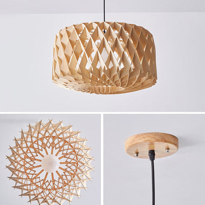 Moderne minimalistische runde Diamant Massivholz Skelett 1-Licht Pendelleuchte für Wohnzimmer 