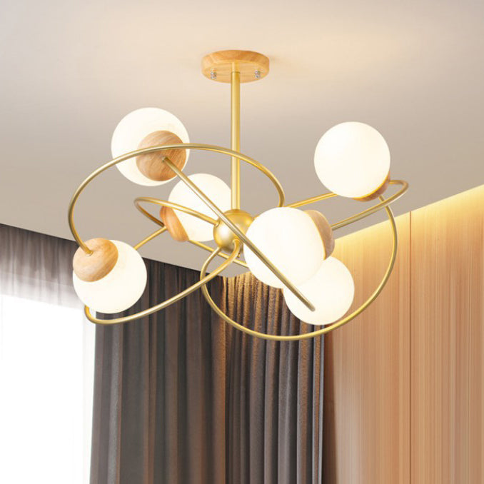 Zeitgenössischer nordischer runder Kronleuchter aus Eisen, Holz und Glas mit 4/6 Lichtern für Wohnzimmer 