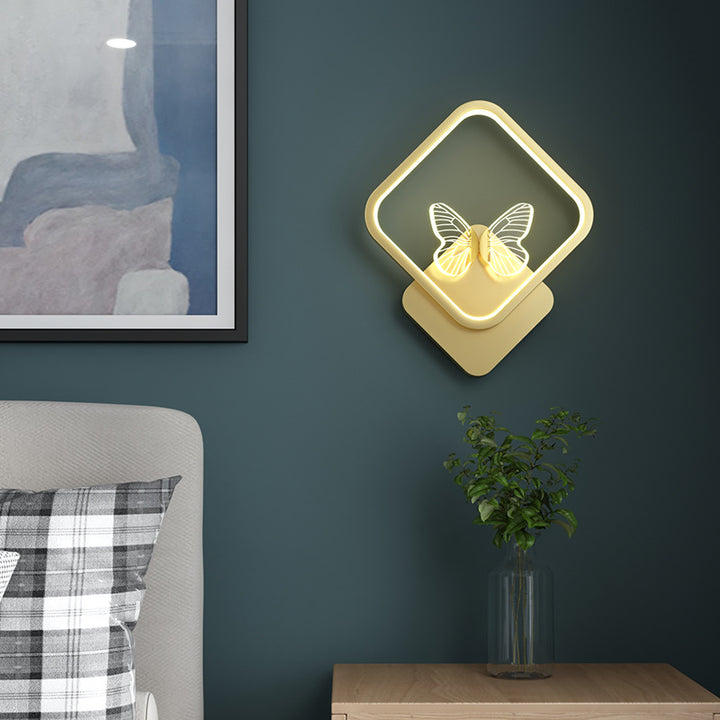 Modern Art Deco Butterfly Iron Silicone Square Round Frame Design LED Wall Sconce Lamp For Bedroom