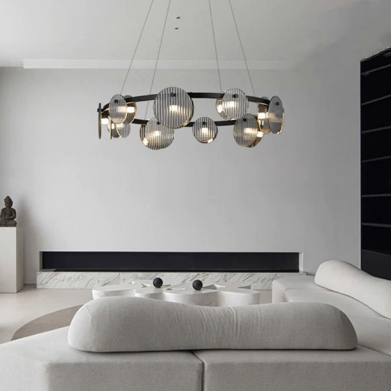 Lámpara de araña LED moderna minimalista de aros de hierro, vidrio y acrílico para salón 