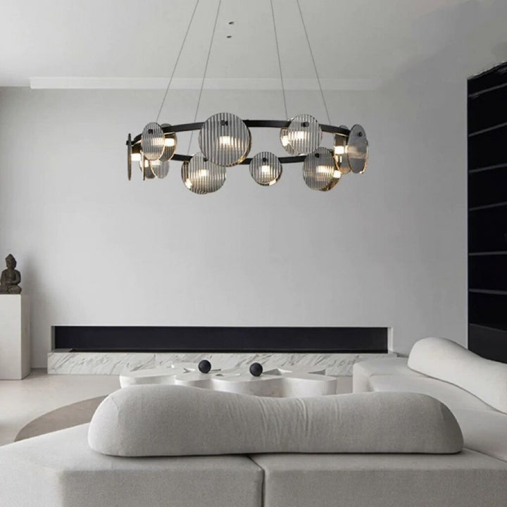 Lámpara de araña LED moderna minimalista de aros de hierro, vidrio y acrílico para salón 
