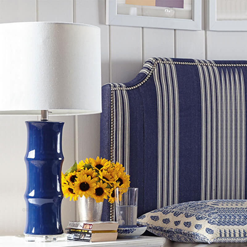 Lampe de table moderne en céramique vintage bleu et blanc avec abat-jour en lin, 1 lumière 