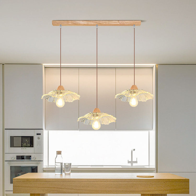 Art déco moderne en bois avec abat-jour en verre en forme de feuille de lotus, lustre à 1/3 lumières pour chambre à coucher 