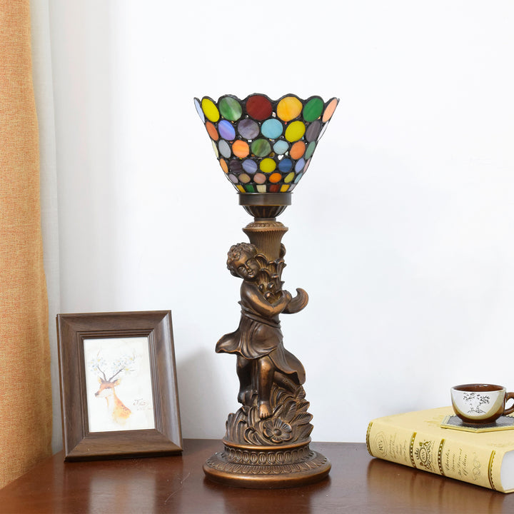 Traditional European Resin Glass Floral Round Boy 1-Light Table Lamp For Study