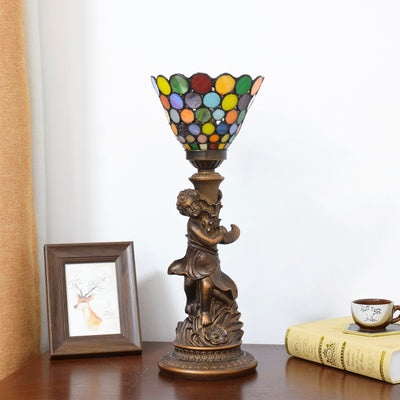 Traditional European Resin Glass Floral Round Boy 1-Light Table Lamp For Study