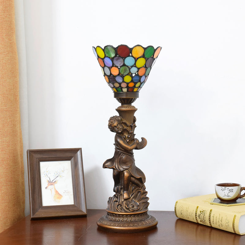 Traditional European Resin Glass Floral Round Boy 1-Light Table Lamp For Study