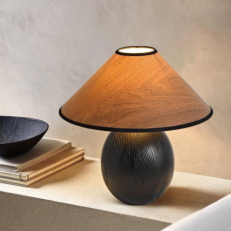 Lampe de table en bois massif trapézoïdal rond japonais traditionnel avec tissu 1 lumière pour chambre 