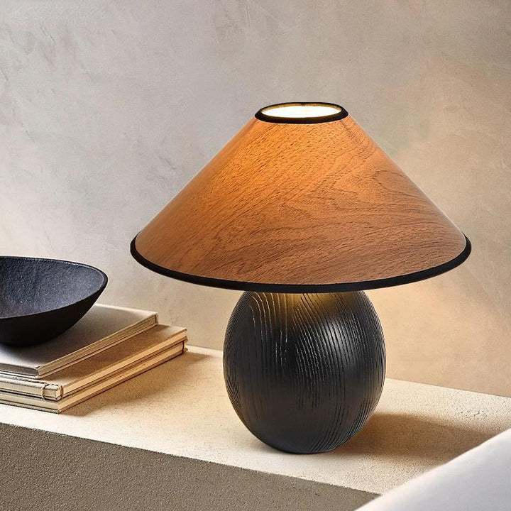 Lampe de table en bois massif trapézoïdal rond japonais traditionnel avec tissu 1 lumière pour chambre 