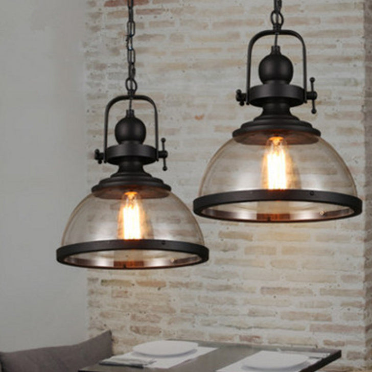 Zeitgenössische industrielle Kuppel Eisen Glas 1-Licht Pendelleuchte für Wohnzimmer 