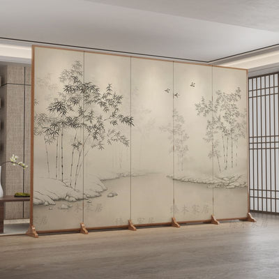 Traditional Chinese Rectangular Fir Wood Solid Wood Plywood Cotton Canvas Room Divider For Living Room