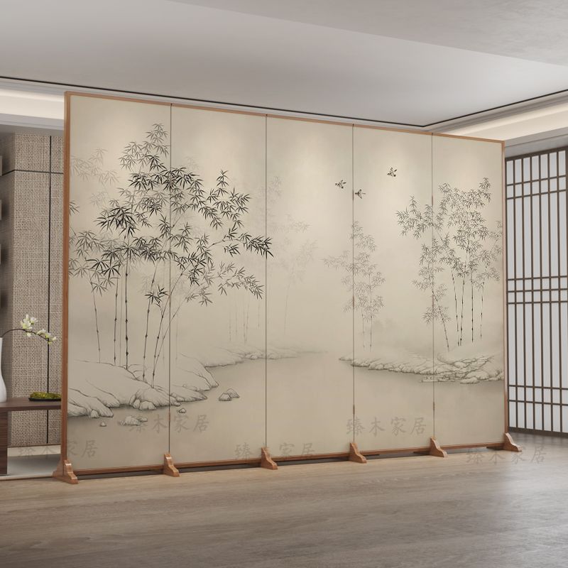 Traditional Chinese Rectangular Fir Wood Solid Wood Plywood Cotton Canvas Room Divider For Living Room