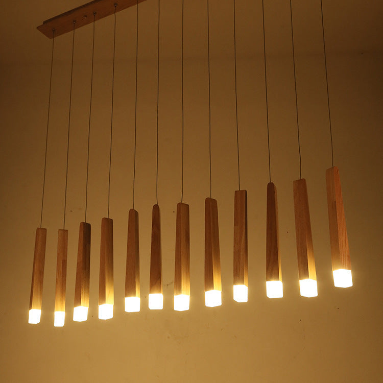 Lustre de style rustique traditionnel en bois carré long avec LED pour salle à manger 