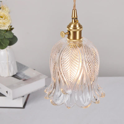 Japanese Vintage Floral Glass Cone Brass 1-Light Pendant Light