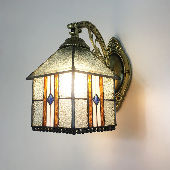Traditional Tiffany Square House Iron Stained Glass 1-Light Wall Sconce Lamp For Living Room