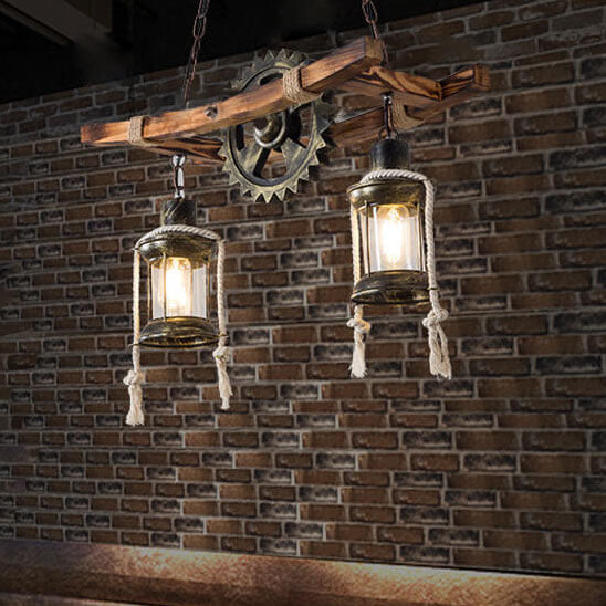 Vintage Industrielle Holz Metall 2-Licht Insel Leuchter 