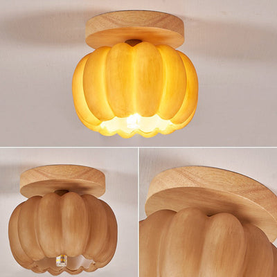 Zeitgenössische, kreative Kürbis-Deckenleuchte aus massivem Holz, Kunstharz, Fiberglas, 1-flammig, halbbündige Montage, für Wohnzimmer 