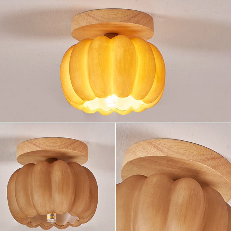 Zeitgenössische, kreative Kürbis-Deckenleuchte aus massivem Holz, Kunstharz, Fiberglas, 1-flammig, halbbündige Montage, für Wohnzimmer 