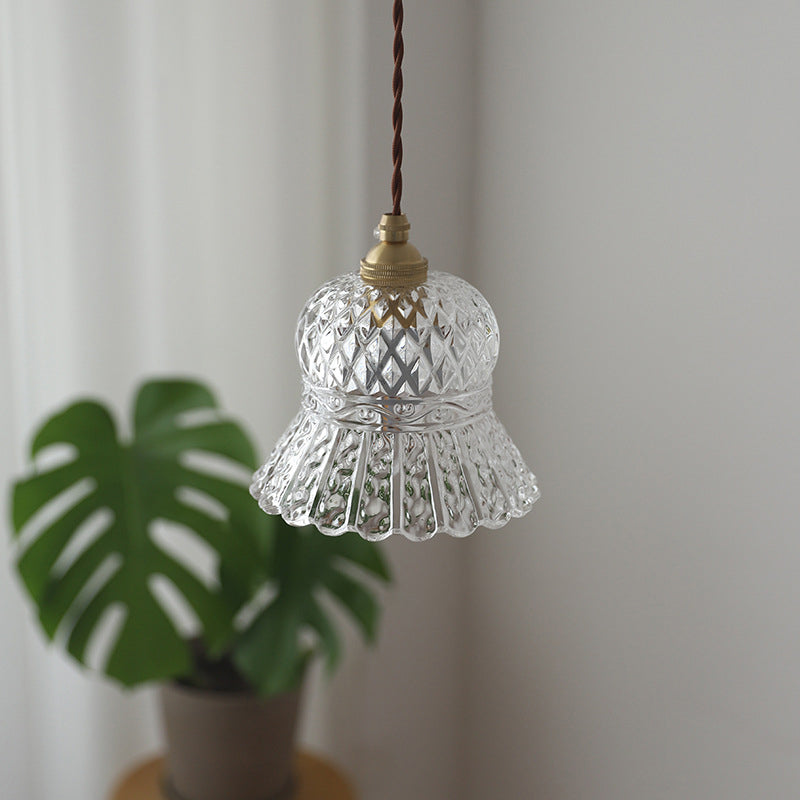 Traditionelle französische Pendelleuchte in Blumenform aus Messing mit kariertem Glas und 1 Licht für das Wohnzimmer 