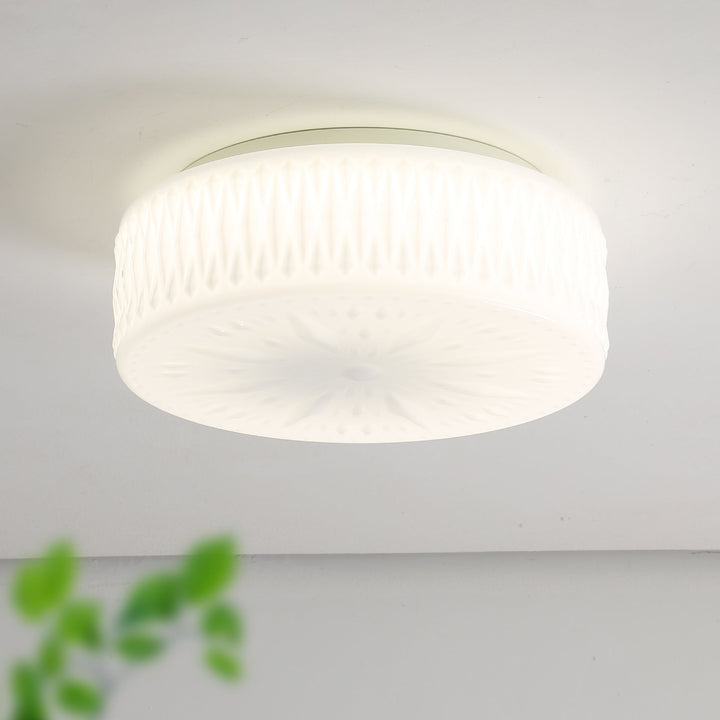 Contemporary Simplicity Cylindrical Engraved Iron Glass LED Flush Mount Ceiling Light For Living Room
