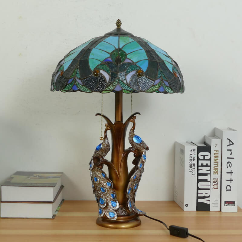 Vintage Tiffany Stained Glass Dome Peacock Base 2-Light Table Lamp