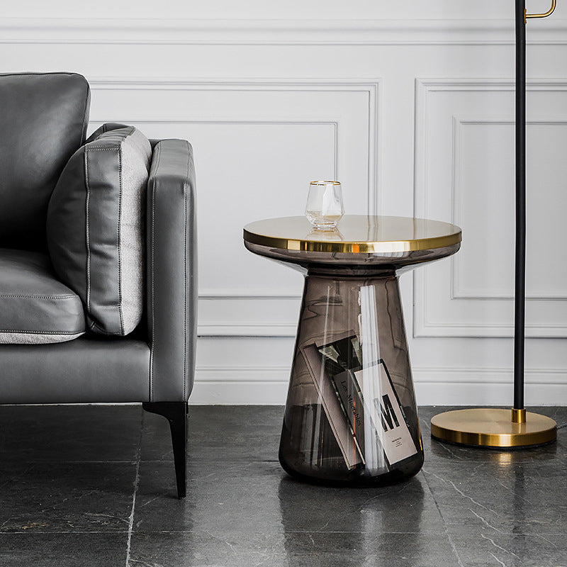 Table basse contemporaine créative en verre rond plaqué métal avec 1 armoire pour salon 