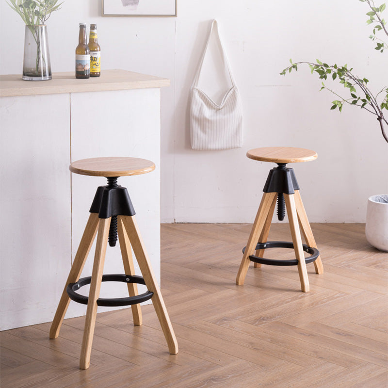 Traditioneller Vintage-Thekenhocker aus Gummibaumholz, rund, mit höhenverstellbarer Nylon-Gewindestange, drehbar, mit Fußstütze, für die Küche 