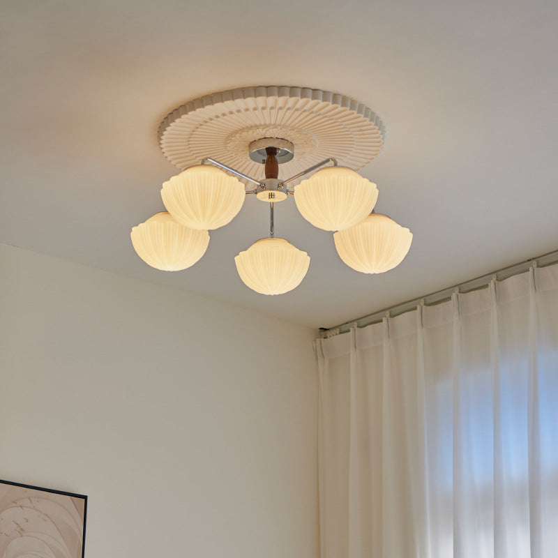 Traditionelle französische Schüssel geripptes Eisen Holz Glas 3/5/8 Licht Halbbündige Deckenleuchte für Wohnzimmer 