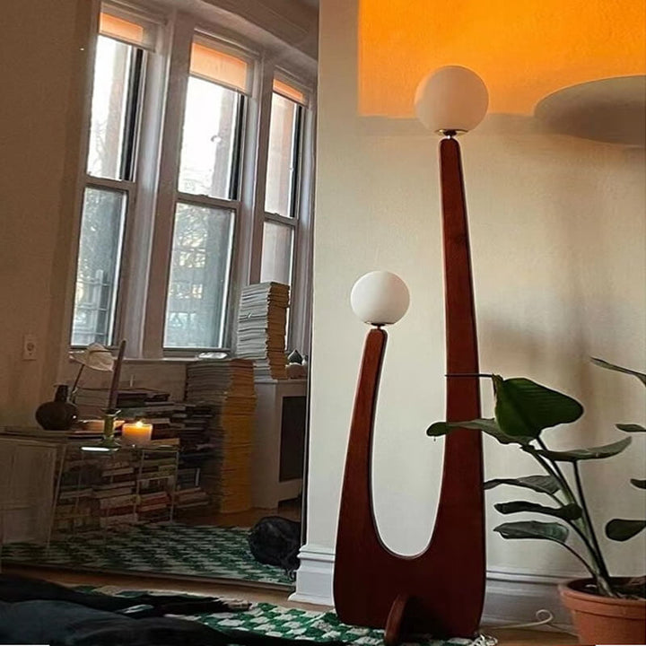 Modern Minimalist Walnut Solid Wood Glass Ball 2-Light Standing Floor Lamp for Living Room